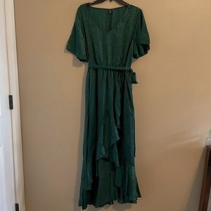 Green Satin Ruffle Hem Dress